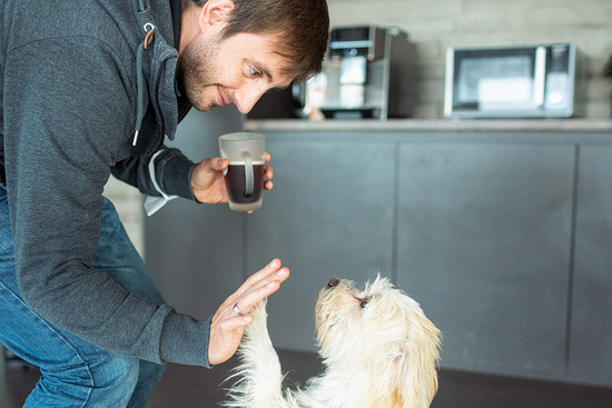 Coworker mit Hund in der Kaffeeküche